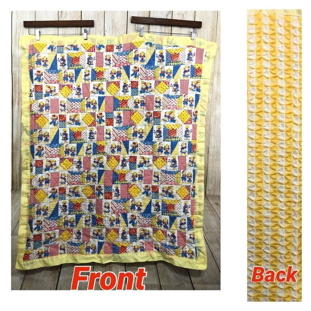 Vtg Baby Blanket‎ Quilt Satin Trim 38" x 45" Rag Doll Theme Smocked Smocking